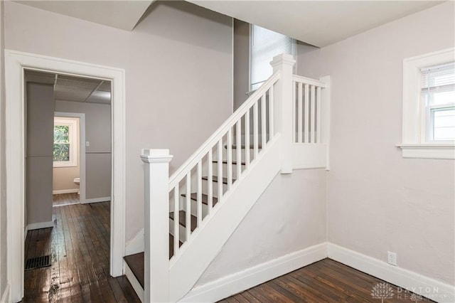 stairway with baseboards, hardwood / wood-style floors, and a healthy amount of sunlight