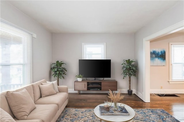 living area with wood finished floors, a wealth of natural light, and baseboards