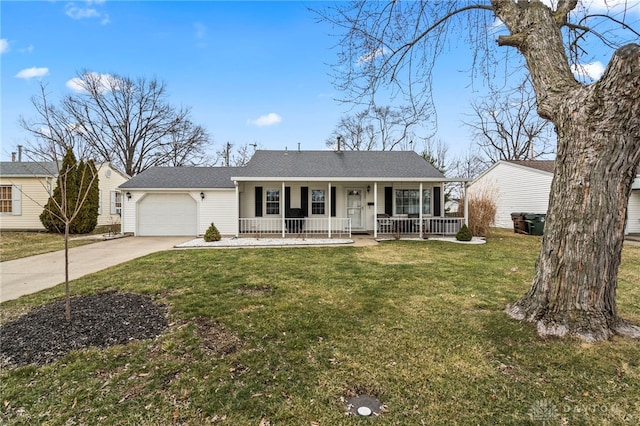 ranch-style home with covered porch, driveway, a front yard, and an attached garage