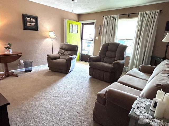 carpeted living area with a textured wall, a textured ceiling, and baseboards