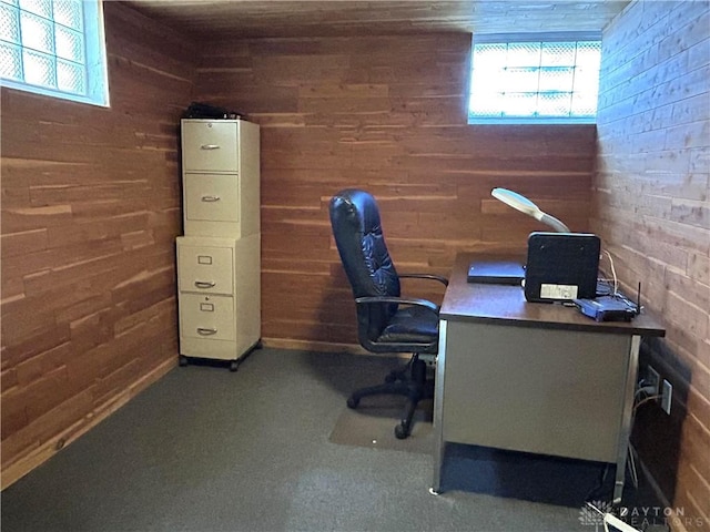 office area with a wealth of natural light and wood walls