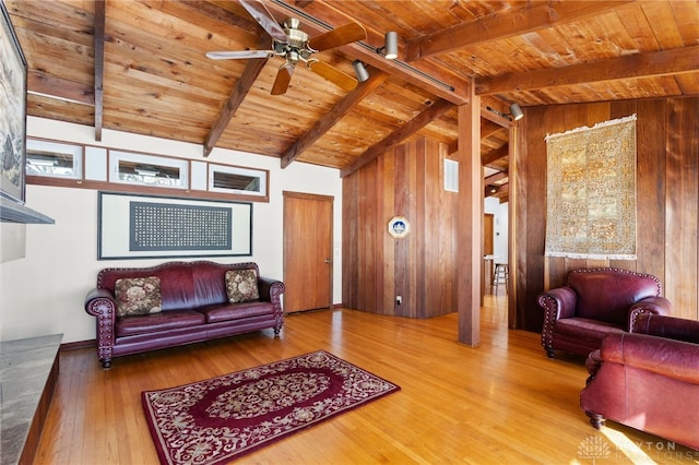 living area featuring lofted ceiling with beams, wood ceiling, visible vents, and hardwood / wood-style floors