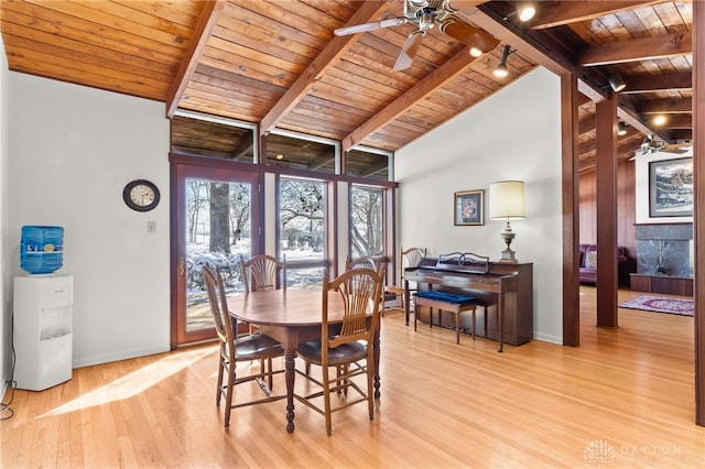 dining area featuring light wood-style floors, ceiling fan, wooden ceiling, beamed ceiling, and baseboards