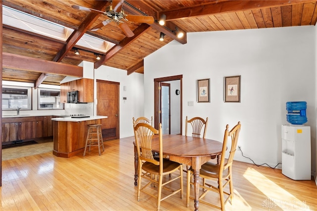 dining area featuring light wood-style floors, vaulted ceiling with skylight, wood ceiling, and ceiling fan