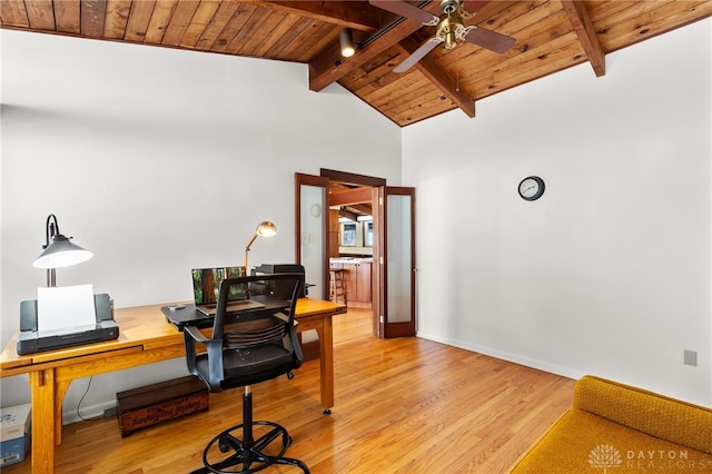 office space with lofted ceiling with beams, wooden ceiling, light wood-style flooring, and ceiling fan