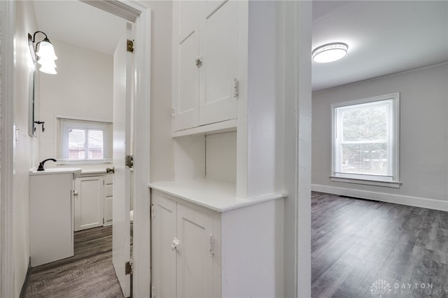 interior space with visible vents, vanity, baseboards, and wood finished floors