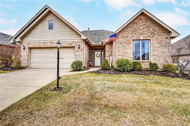 view of front of house featuring concrete driveway, brick siding, an attached garage, and a front lawn