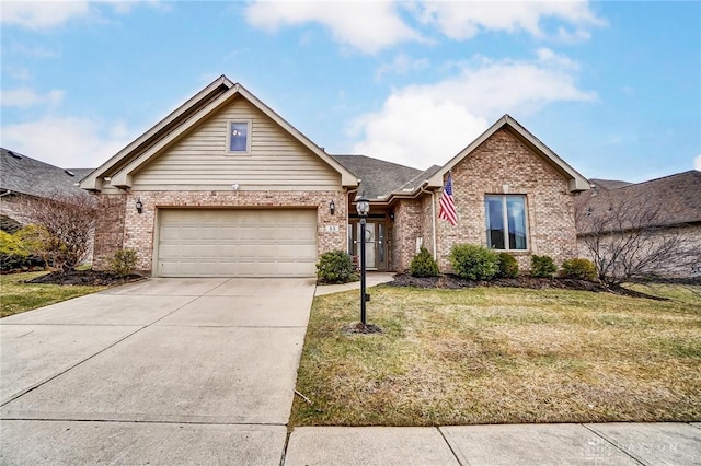 single story home with concrete driveway, brick siding, an attached garage, and a front yard