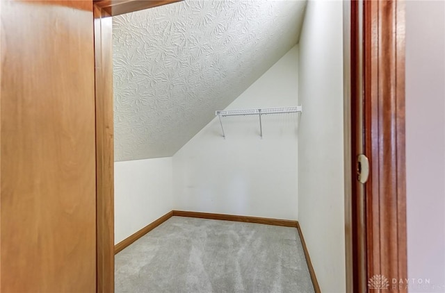 walk in closet with lofted ceiling and carpet