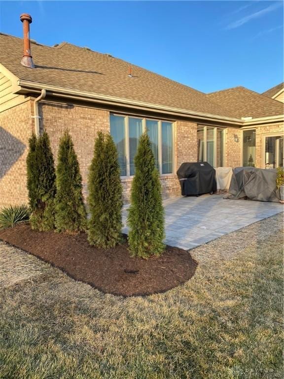 rear view of house featuring a shingled roof, a patio area, and brick siding