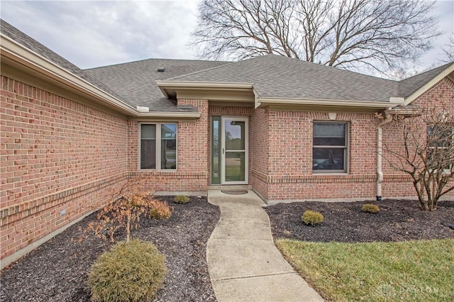 view of exterior entry with a shingled roof and brick siding