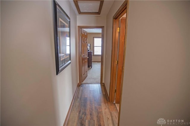 hallway featuring baseboards and wood finished floors