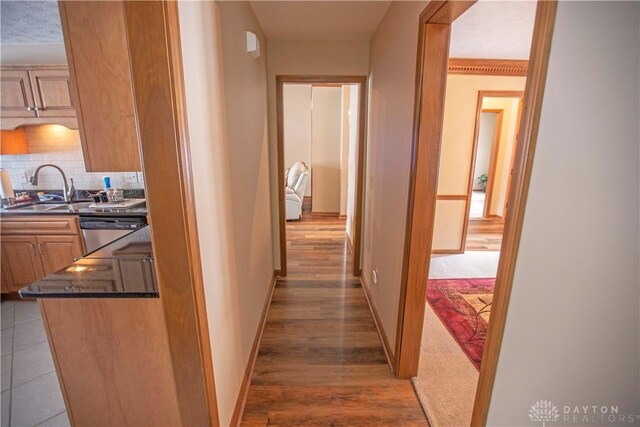 1250 Yankee Woods Dr, Washington Twp, OH 45458 - corridor featuring a sink, light wood-type flooring, and baseboards