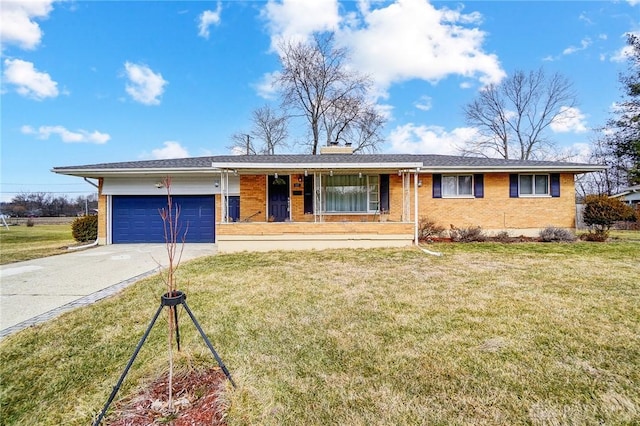 ranch-style house with a garage, a porch, driveway, and a front lawn