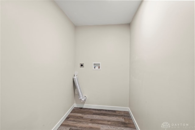 washroom with laundry area, baseboards, dark wood-type flooring, hookup for an electric dryer, and washer hookup