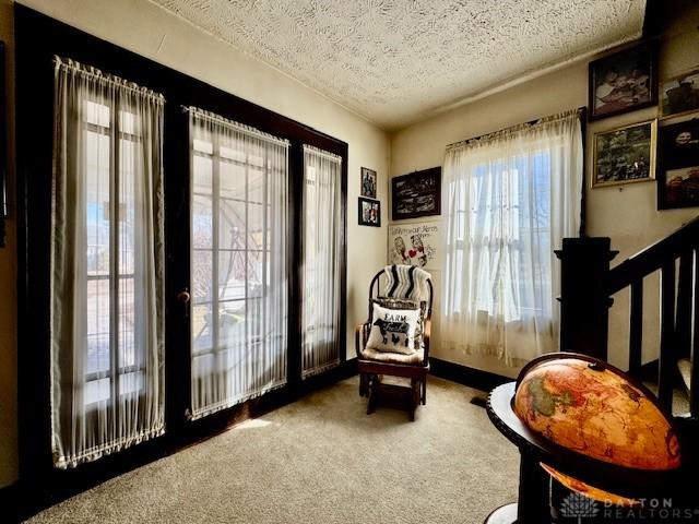 living area with carpet floors and a textured ceiling