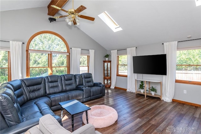 living room featuring a skylight, dark wood-style floors, and a wealth of natural light