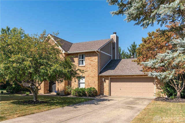 view of front of home with an attached garage, brick siding, driveway, a chimney, and a front yard