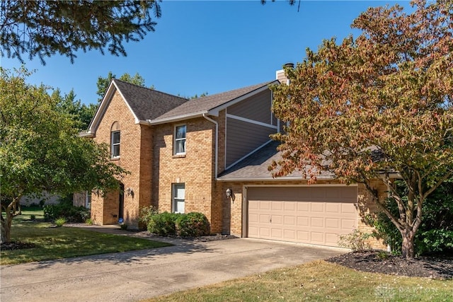 traditional-style home with concrete driveway, brick siding, a chimney, and roof with shingles