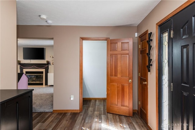 interior space with baseboards, wood finished floors, and a glass covered fireplace