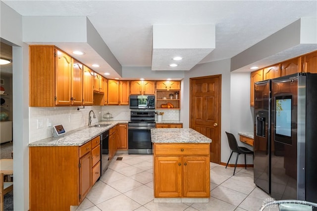 kitchen featuring electric range, dishwasher, refrigerator with ice dispenser, open shelves, and a sink