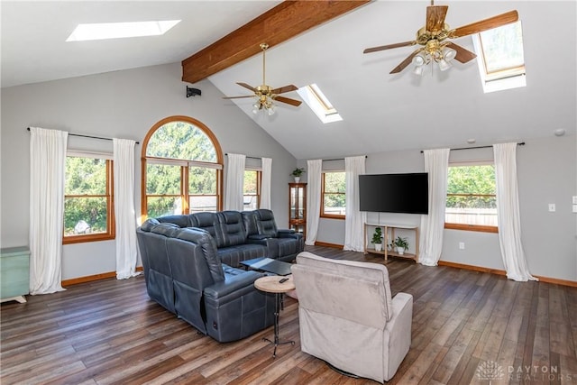 living area featuring a skylight, plenty of natural light, and wood finished floors