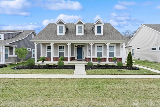 new england style home featuring covered porch, roof with shingles, brick siding, and a front lawn