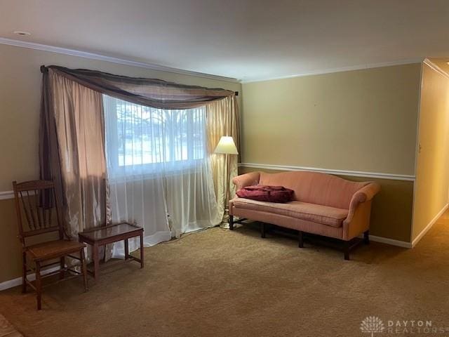 living area featuring baseboards, carpet, and crown molding