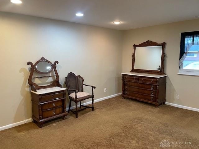 sitting room featuring carpet floors, recessed lighting, and baseboards