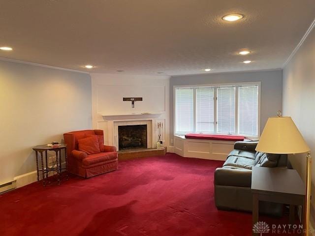 carpeted living area featuring recessed lighting, a fireplace with raised hearth, crown molding, and baseboards