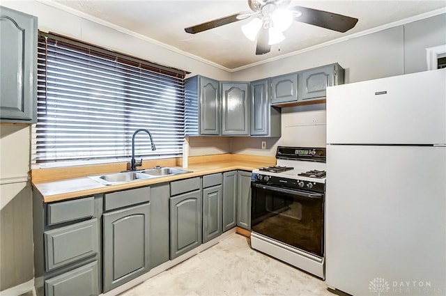 kitchen featuring range with gas cooktop, ornamental molding, freestanding refrigerator, gray cabinets, and a sink