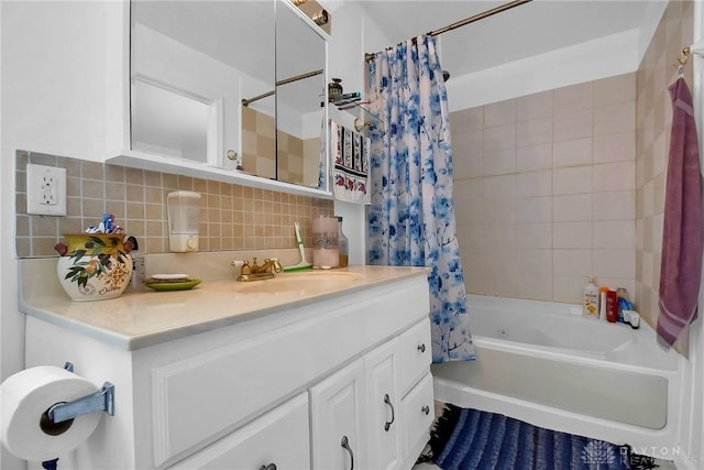 full bath featuring decorative backsplash, shower / tub combo with curtain, and vanity