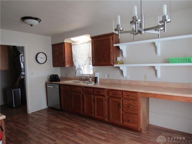 kitchen with dark wood-style floors, open shelves, light countertops, stainless steel dishwasher, and a sink