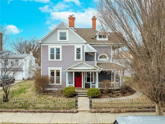 victorian-style house featuring a fenced front yard, a chimney, a porch, and roof with shingles