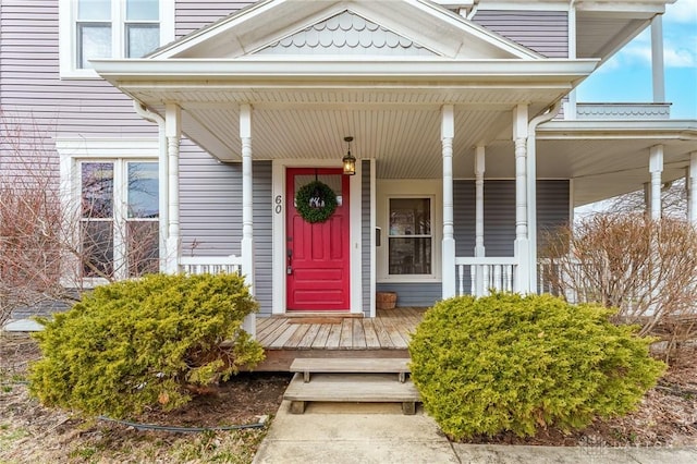 view of exterior entry featuring a porch