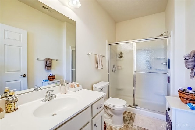 full bath with vanity, a shower stall, and visible vents