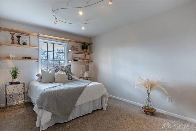 carpeted bedroom featuring track lighting and baseboards