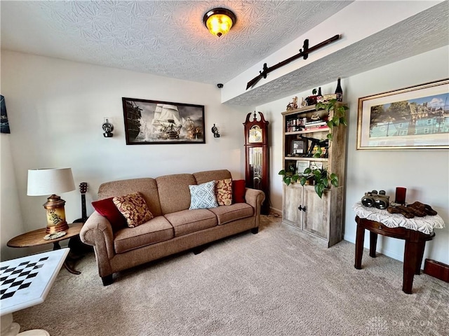 carpeted living area featuring a textured ceiling