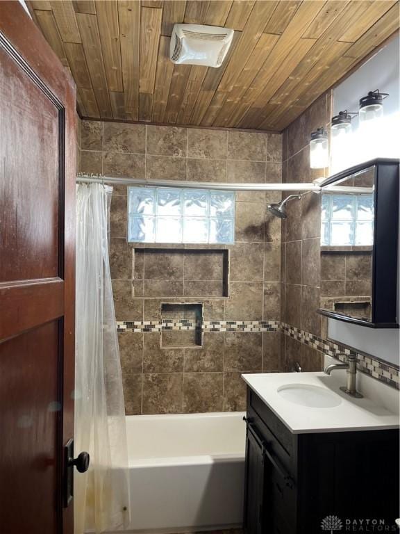 1205 Pursell Ave, Dayton, OH 45420 - bathroom featuring wooden ceiling, shower / bathtub combination with curtain, decorative backsplash, and vanity