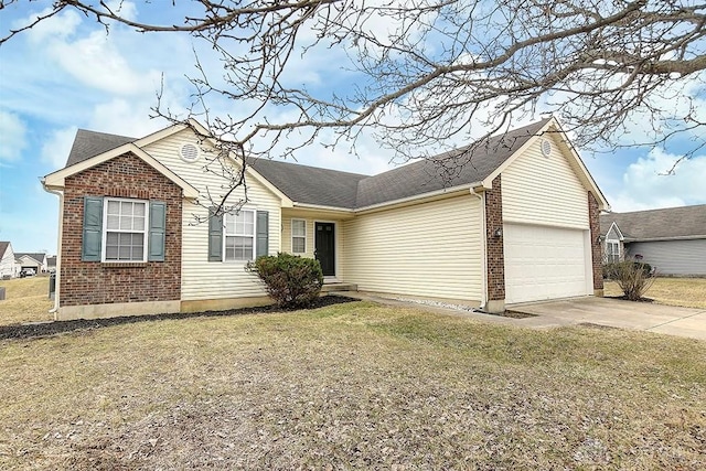 ranch-style home with concrete driveway, brick siding, an attached garage, and a front yard