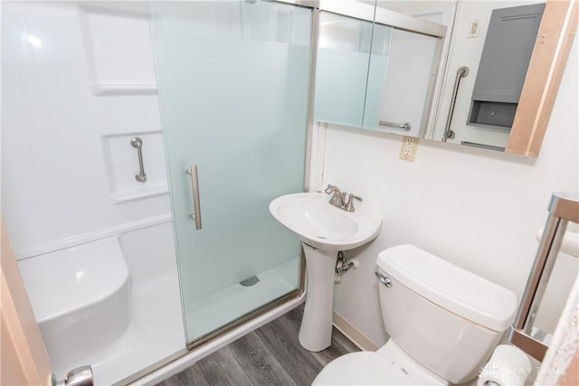 full bathroom featuring a stall shower, wood finished floors, and toilet