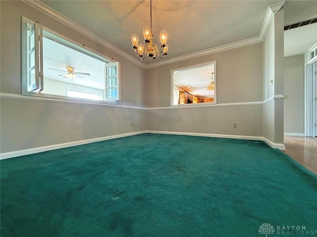 unfurnished room featuring a notable chandelier, baseboards, crown molding, and carpet flooring