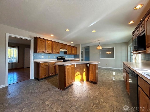 kitchen featuring dishwashing machine, under cabinet range hood, a kitchen island, light countertops, and gas range