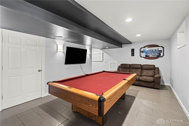 recreation room with recessed lighting, billiards, and baseboards