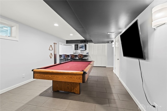 recreation room with recessed lighting, baseboards, and pool table