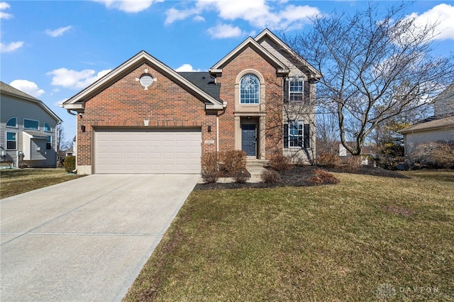 traditional-style house with driveway, an attached garage, a front yard, and brick siding