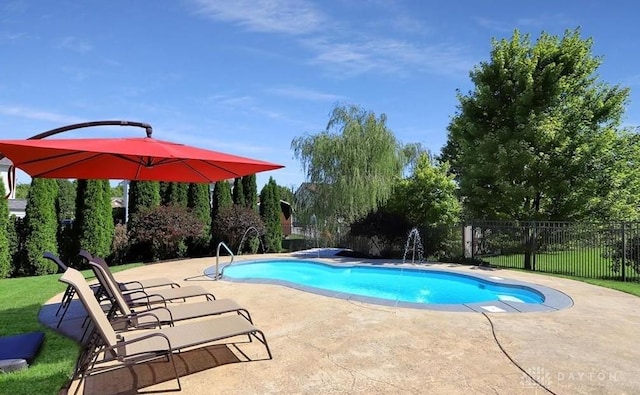 view of pool with fence, a fenced in pool, and a patio