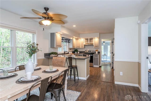 dining space with a ceiling fan, a healthy amount of sunlight, dark wood finished floors, and baseboards