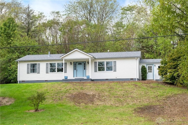 single story home featuring a front lawn and crawl space