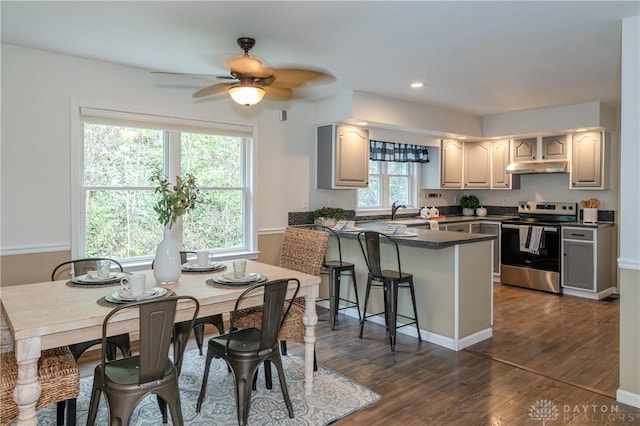 kitchen with under cabinet range hood, a peninsula, dark wood-style flooring, electric stove, and dark countertops